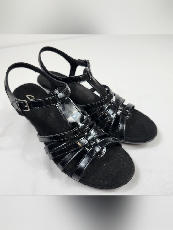 Clarks Shoes - Clarks Womens 7.5 M Black Patent Strappy Heels Buckle Up Sandals Shoes